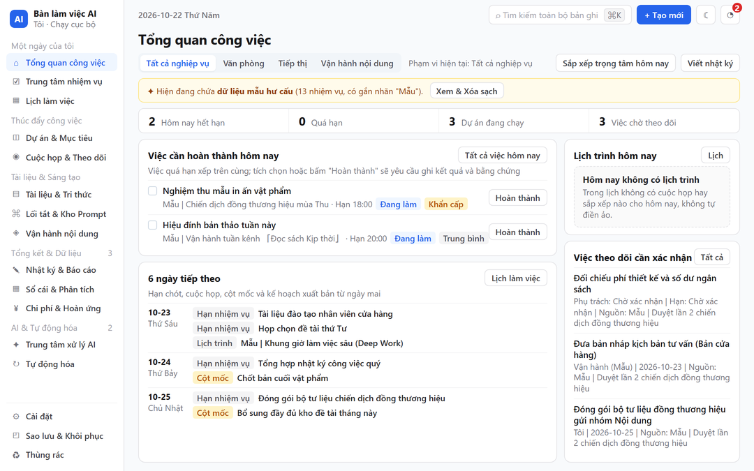 Giao diện thực tế trang chủ Tổng quan công việc (Work Overview) của Bàn làm việc AI cá nhân.