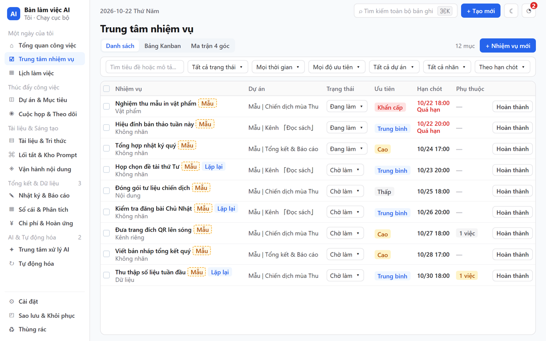 Trang thực tế của Trung tâm nhiệm vụ (Task Center).