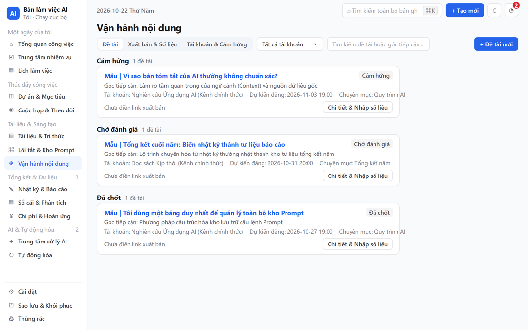 Trang thực tế của phân hệ Vận hành nội dung (Content Operations).