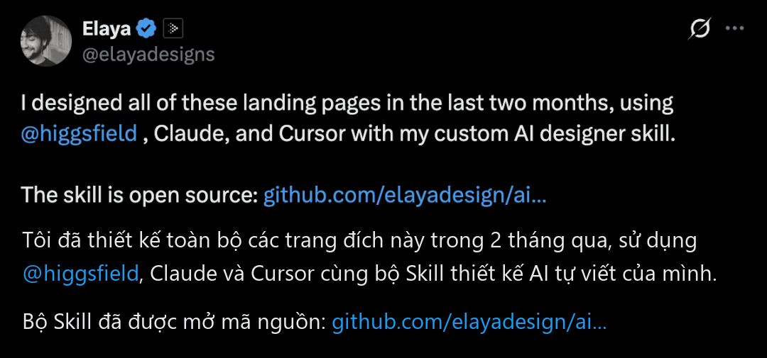 Bài đăng gốc của nhà thiết kế Elaya (@elayadesigns) trên X công bố mở mã nguồn bộ Skill thiết kế web AI sau 2 tháng thực chiến cùng Higgsfield, Claude và Cursor.