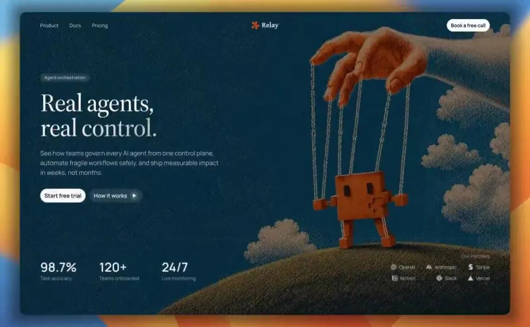 Trang điều phối AI Agent Relay: sử dụng hình ảnh bàn tay điều khiển con rối gỗ để diễn tả trực diện mối quan hệ kiểm soát và điều phối thực chất.