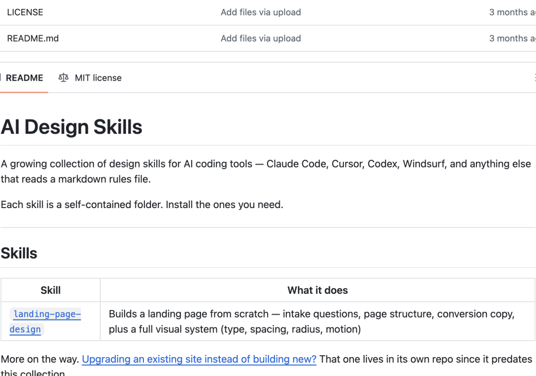 Kho mã nguồn mở AI Design Skills trên GitHub (giấy phép MIT): bao gồm landing-page-design cho thiết kế mới và liên kết tới redesign-skill cho việc nâng cấp giao diện web sẵn có.