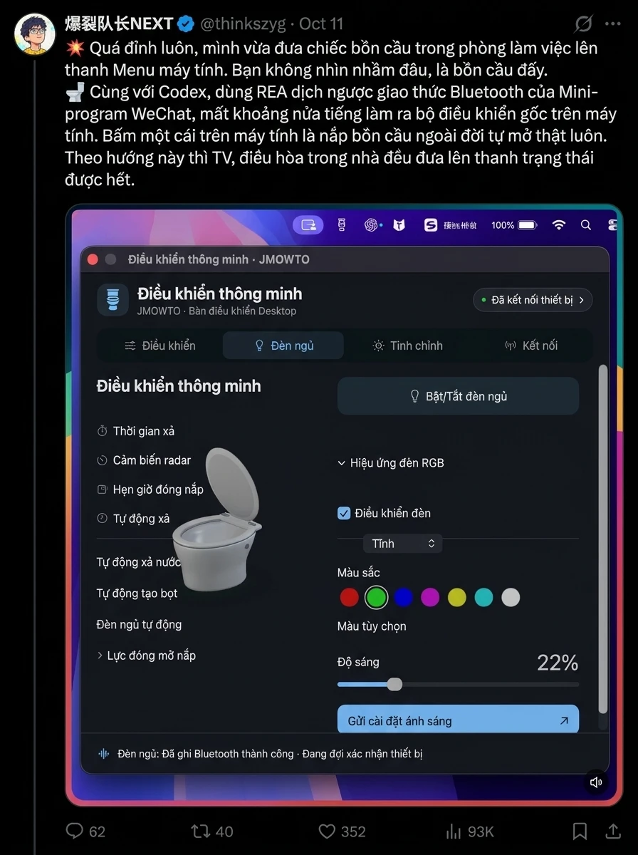 Nút điều khiển nắp bồn cầu tích hợp ngay trên thanh Menu Bar của macOS.