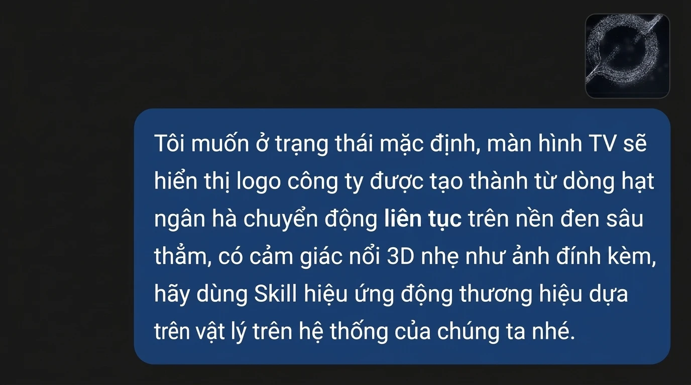 Gửi tài nguyên logo thương hiệu và yêu cầu AI dựng hoạt ảnh chuyển động hạt.