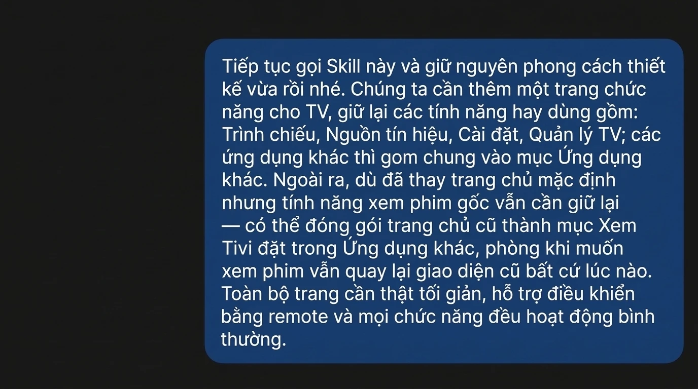 Trang chủ mới hoàn thiện: góc dưới bên trái là Trình chiếu, Nguồn phát, Cài đặt, Quản lý Tivi và Khay ứng dụng.