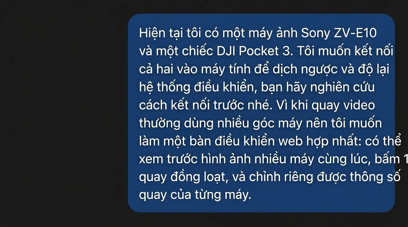 Giao diện bàn điều khiển 2 máy ảnh Sony & DJI Pocket 3 hiển thị song song trên máy tính.