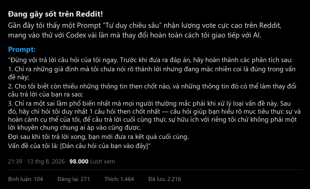 Bản chụp Prompt lan truyền trên X: Yêu cầu AI không trả lời ngay mà phân tích chiều sâu câu hỏi trước (Bản Việt hóa)
