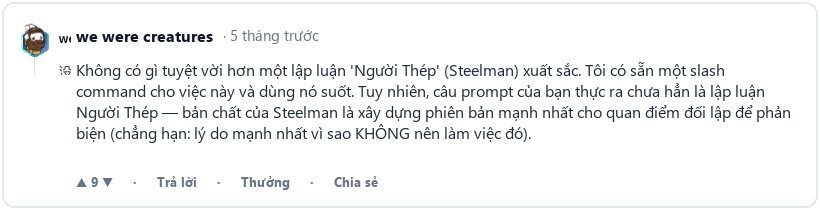 Độc giả Reddit chỉ ra điểm khác biệt giữa Prompt trong bài và khái niệm Steelman thực thụ (Bản Việt hóa)